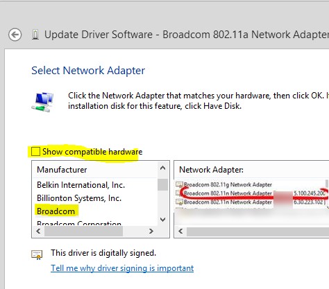 latest broadcom 802.11n network adapter driver windows 10