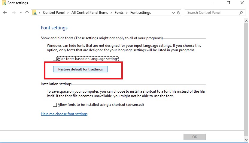 restore default font settings windows 10