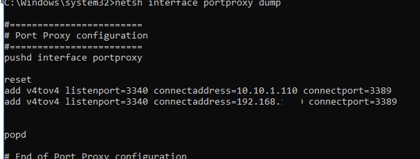 netsh interface portproxy dump