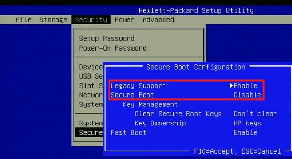 disable secure boot on HP laptop 