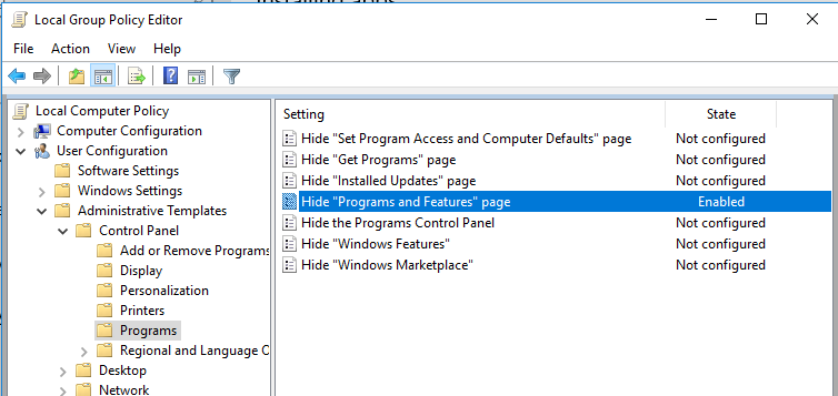 policy Hide “Programs and Features” page