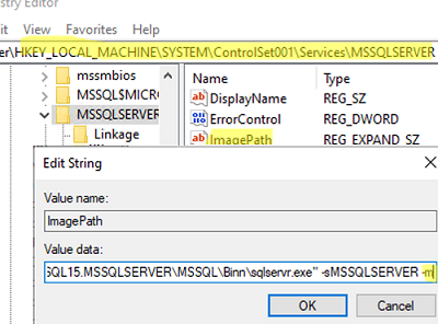sql server run in single user mode via the registry