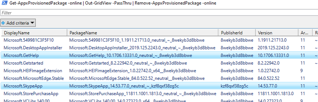 graphical powershell script to easily remove appx uwp provisioned packages on Windows 10 