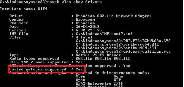 Hosted network mode supported by WiFi driver 