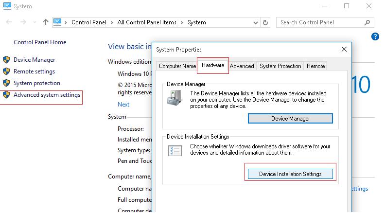 Windows 10 - Hardware tab - Device Installation Settings