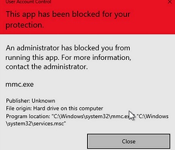 mmc.exe error then launchin msc console: uac this app has been blocked for your protection