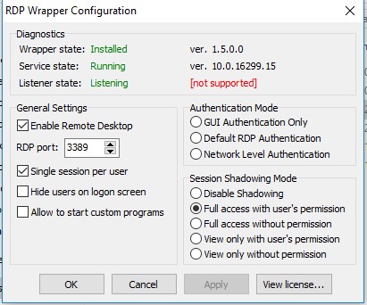 RDP Wrapper Configuration Utility listener state - not supported