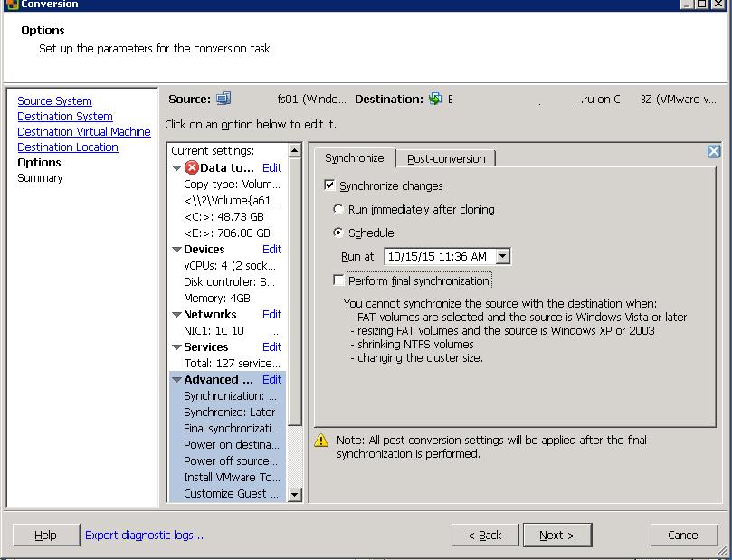 v2v with vcenter converter standalone client