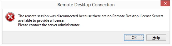 The remote session was disconnected because there are no Remote Desktop License Servers available to provide a license.