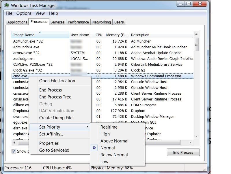 Task Manager - set process priority