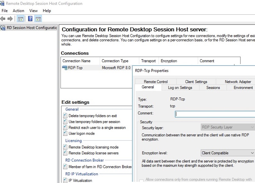 manage remote desktop session host settings on windows server 2016 tsconfig.msc