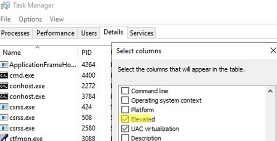 add the elevated column in task manager