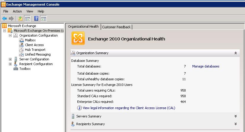 Exchange 2010 Management Console - CAL in use