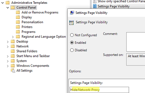 hide proxy setting page in windows 10 settings