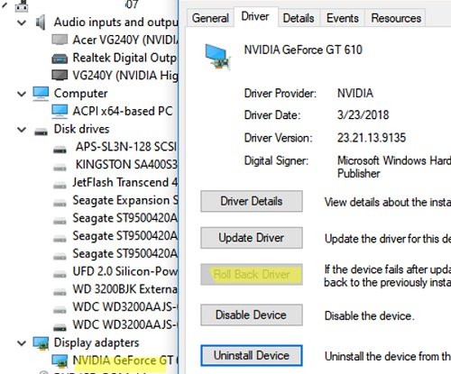 unable to rollback device driver in windows device manager