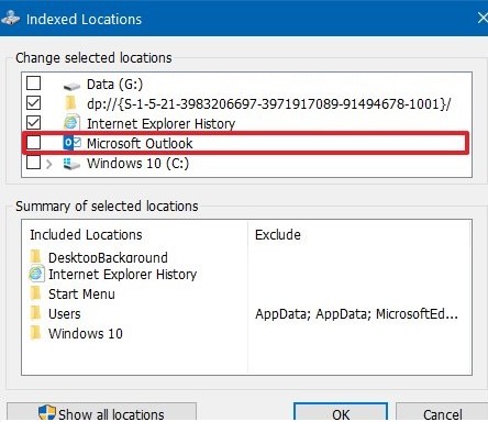 disable outlook and pst files indexing on windows 10