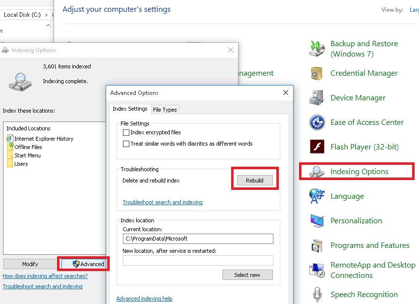 rebuild windows search index