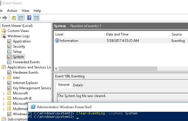 Clear-EventLog –LogName System  The System log file was cleared