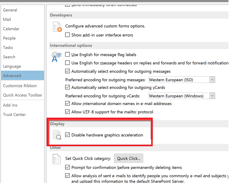 Disable hardware graphics acceleration in Outlook