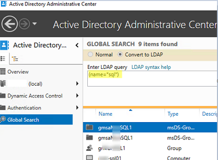 global search in Active Directory Administrative Center 