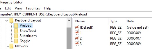 delete language keyboard layouts preload in registry