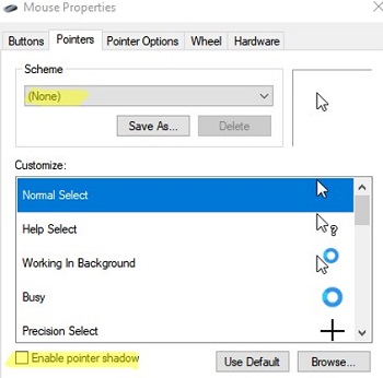 disable mouse pointer shadow and use non scheme on windows server rdsh