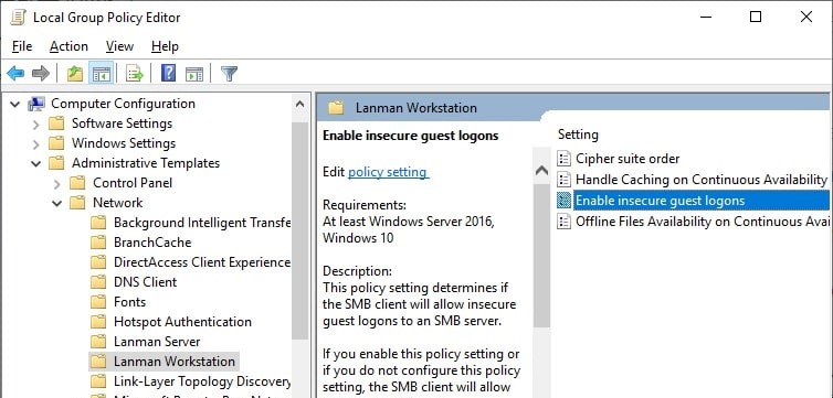 Windows 10 Habilitar política de inicios de sesión inseguros para invitados