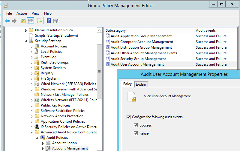 account managment policy in advanced audit policy
