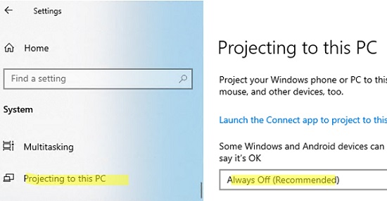 disable projecting on this PC feature in windows 11