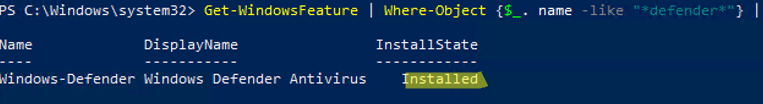 Checking if Windows Defender antivirus is installed on Windows Server 2019