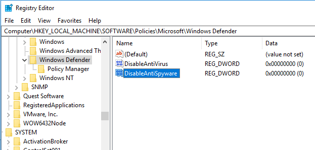 DisableAntiVirus registry parameter to disable defender windows 10 