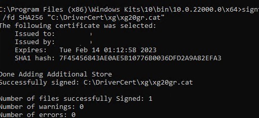 signtool sign command: signing driver cat file with cert