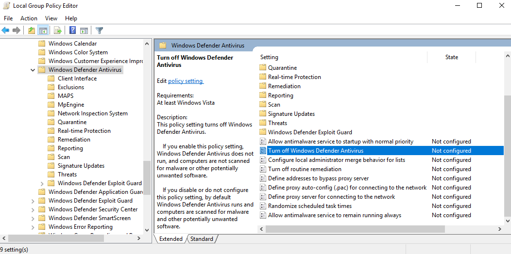 group policy windows defender missing