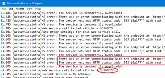 Sincronización Windows Update Client no tuvo éxito en detectar con Error 0x80072EFD