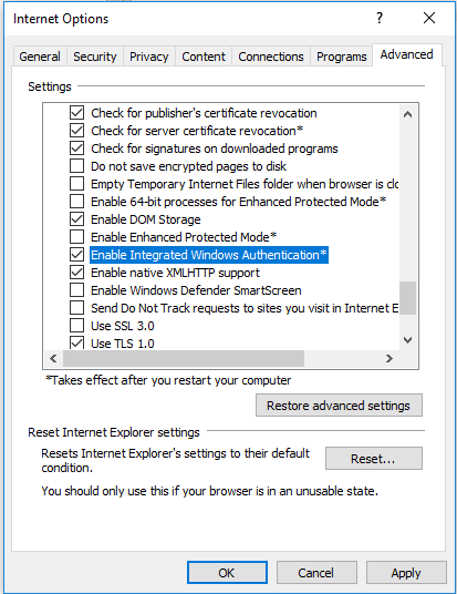 Enable Integrated Windows Authentication in Internet Explorer 11