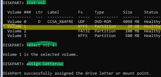diskpart: assign drive letter to offline windows partition
