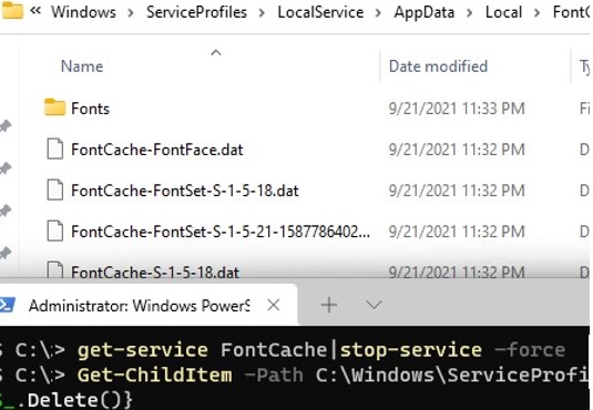 clear font cache on windows 10 or 11 with powershell script