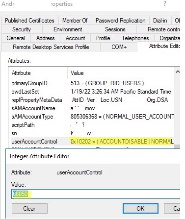 UserAccountControl user attribute in active directory attribute editor