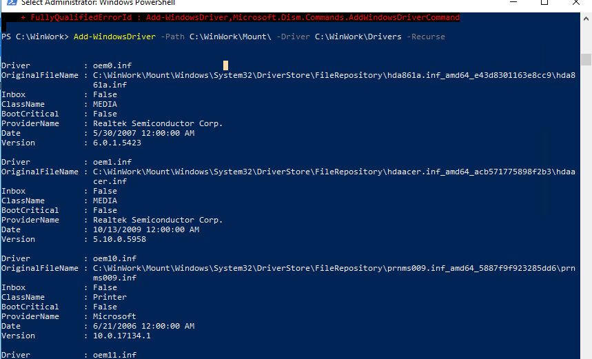 Add-WindowsDriver PowerShell cmdlet do wstrzykiwania sterowników do instalacji offline.obraz wim 