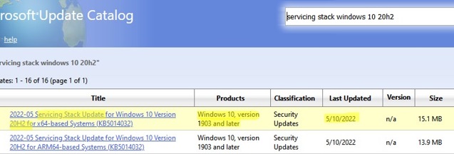 download windows 10 servicing stack update (SSU)