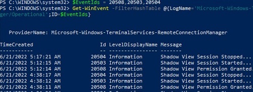 view shadow conneciton logs in windows with powershell