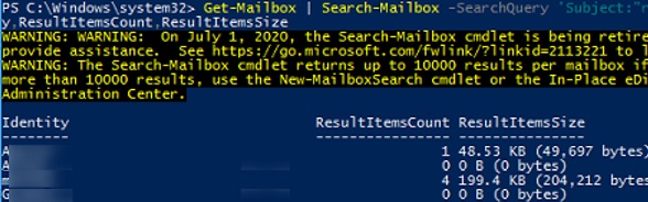 exchange: search-mailbox powershell cmdlet result