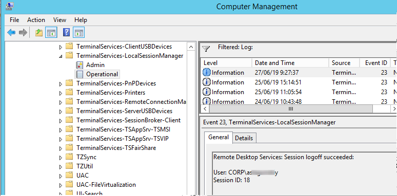 EventID 23 - Remote Desktop Services: Session logoff succeeded