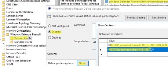 create list of firewall rules for windows defender via gpo