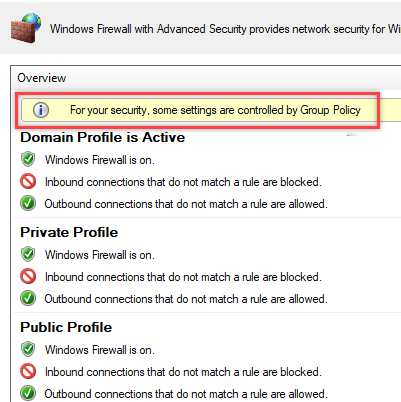 For your security, some firewall settings are controlled by Group Policy