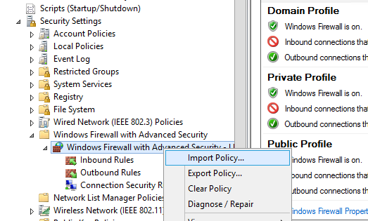 import firewall settings to the gpo