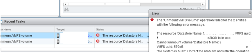 Cannot unmount VMFS Datastore The resource s in use