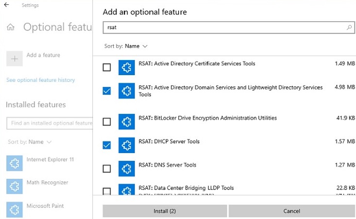 install rsat via optonal features in windows 10 