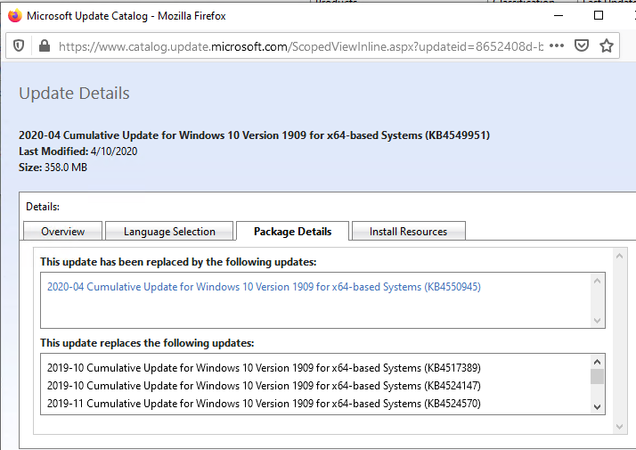 Microsoft Update Catalog - list of replaced updates kb