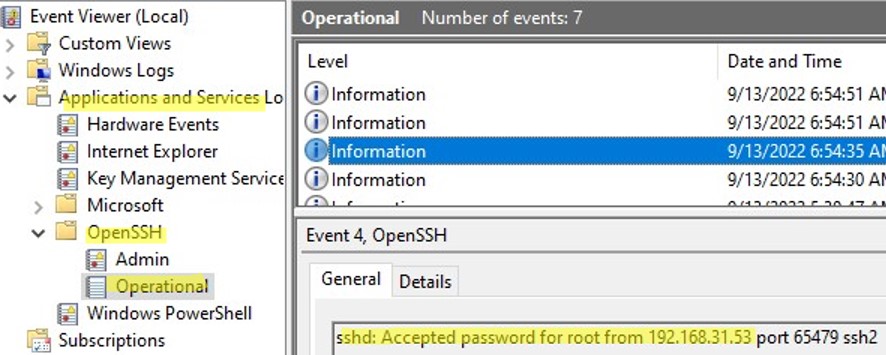 sshd connection logs in windows event viewer